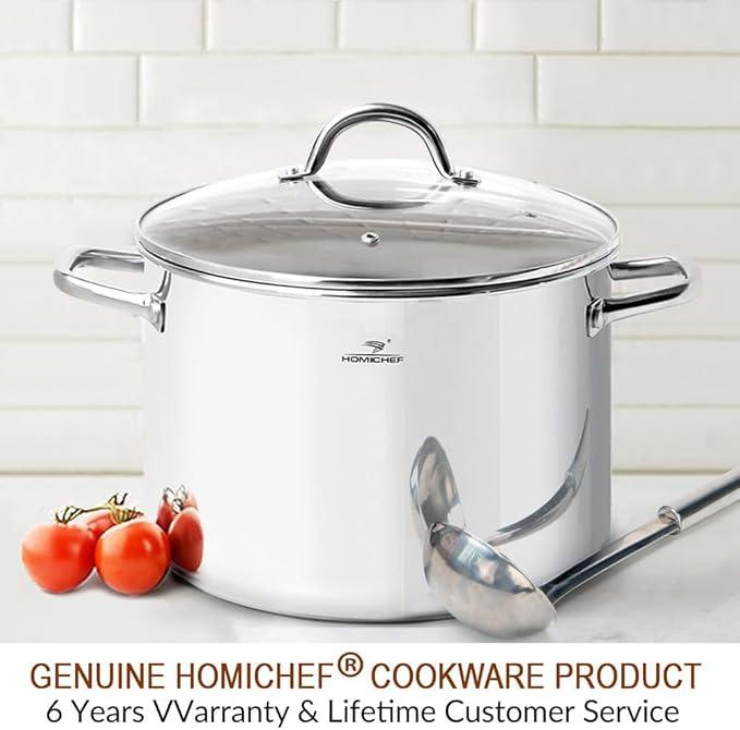HOMICHEF 12 Quart LARGE Stock Pot with Glass Lid - NICKEL FREE Stainless Steel Healthy Cookware Stockpots with Lids 12 Quart - Mirror Polished Induction Pot - Commercial Grade Soup Cooking Pot
