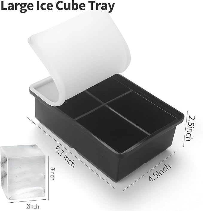 Large Ice Cube Trays for Whiskey: BECOKIT Big Silicone Ice Cube Trays - 3 * 2Inch Square Ice Cubed Tray for Bourbon Whisky and Cocktail - 4Pack Giant Silicon Ice Cube Tray (Black 4 Tray)