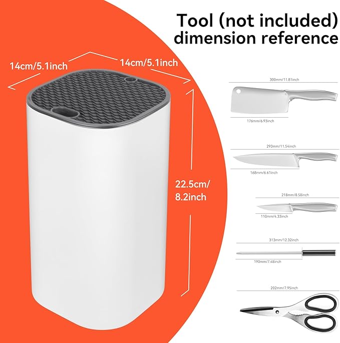 Fohil Knife Block without Knives, Universal Knife Block, Detachable Knife Holder, Space Saver Knife Storage Holder with Scissors Slot, Sharpening Bar Slot, Kitchen Knife Holder White