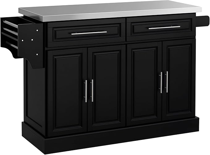 HOMCOM Rolling Kitchen Island Cart with Wheels, Portable Island Table for Kitchen with Stainless Steel Top, Adjustable Shelves, 2 Drawers, Spice, Knife and Towel Rack, Black