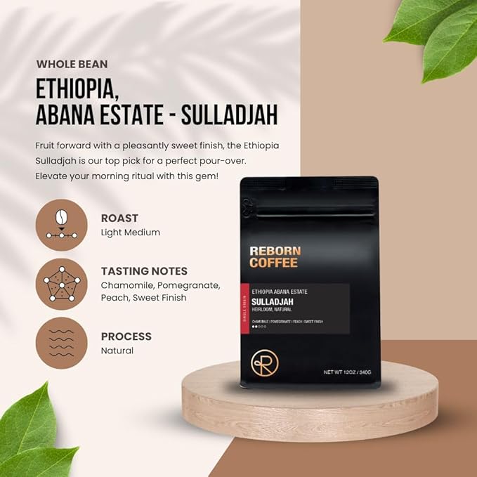 Reborn Coffee Specialty Whole Bean Coffee, Medium Roast, 12 Ounce, Ethiopia Abana Estate Sulladjah, Flavor Notes of Chamomile, Pomegranate, Peach, and Sweet Finish