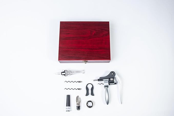 Wine Bottle Opener Set with Accessories Matte Bronze in Wood Box, Aerator, Extra Screws, Foil Cutter, Pourer, Vaccu Stopper, Winged Wine Opener, Rabbit Red Wine Corkscrew Set (Matte Bronze)