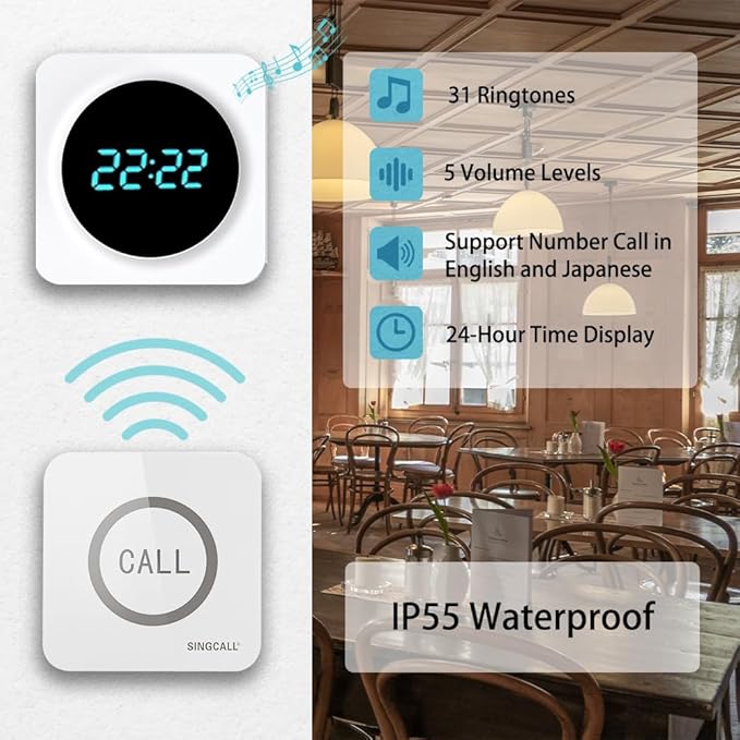 SINGCALL Restaurant Pager System Waiter Calling System Pagers and Beepers for Kitchen,Fast Food,Hotel,Restaurants,Cafe,Bar to Call Waiters 8 Waterproof Wireless Call Buttons 1 Number Display Receiver