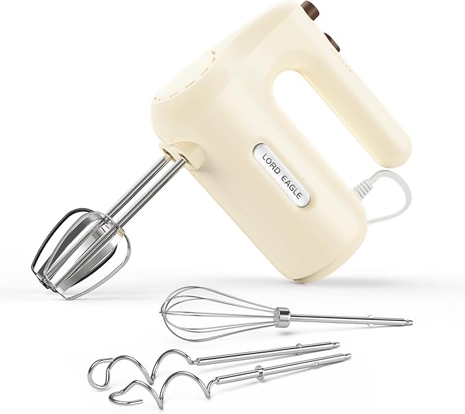 Lord Eagle 5-Speed Hand Mixer Electric Heldhand, 300W Compact Mixer for Baking, Egg Beater, Blending or Cooking, Portable & Lightweight, 5 Accessories, Cream