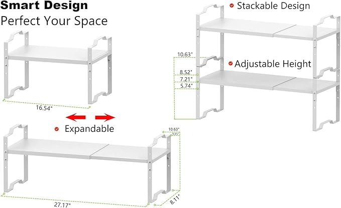 Expandable Shelf for Cabinet Organizer Adjustable Stackable Spice Rack at Kitchen and Bathroom More, Counter Countertop Cupboard Organization Pantry Storage(MEDIUM/2PACKS/WHITE)
