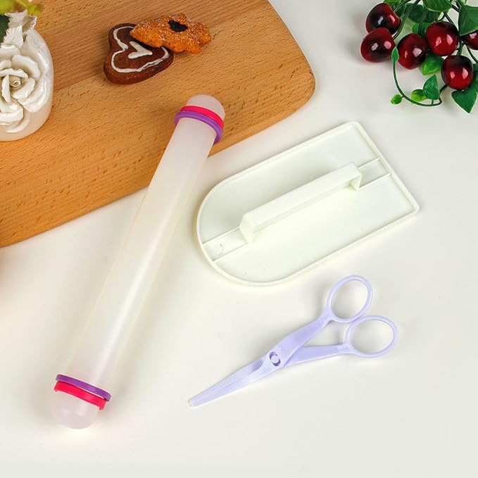 Marshmallow Fondant Cake Decorating Hand Tool 12 Pcs 5 Sets Sugarcraft Gumpaste Icing Smoother Rolling Pin Trimmer Cutter Embosser Flower Scissor Modelling Accessories Supplies Kit Pink
