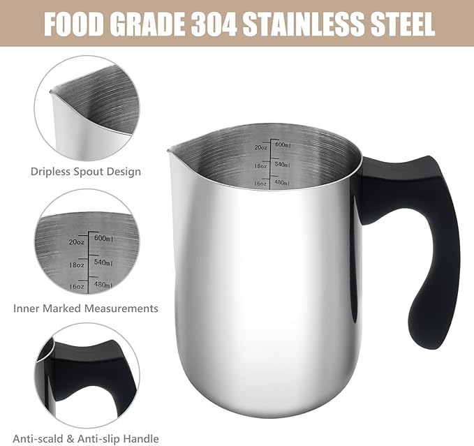 Milk Frothing Pitcher, 20oz Milk Frother Cup 304 Stainless Steel Steaming Pitcher with Art Pen Milk Coffee Jug Cup with Heat-resistant Handle and Scale