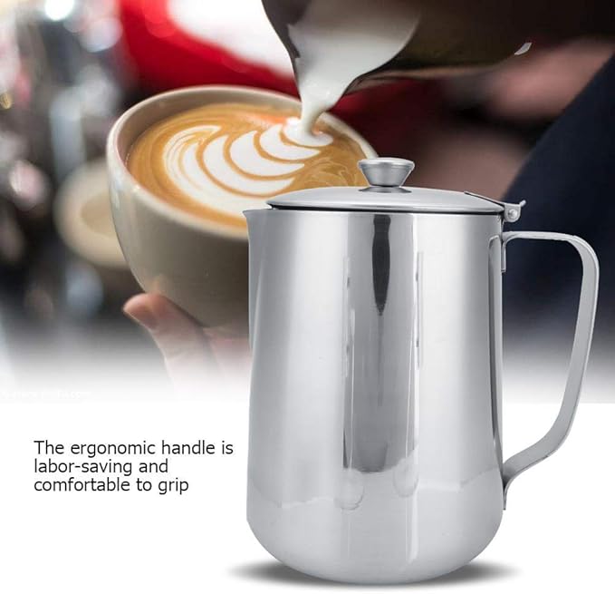 Stainless Steel Coffee Cup Mug Milk Frothing Pitcher Jug with Lid for Latte Coffee Art for Office Kitchen(2000mL)