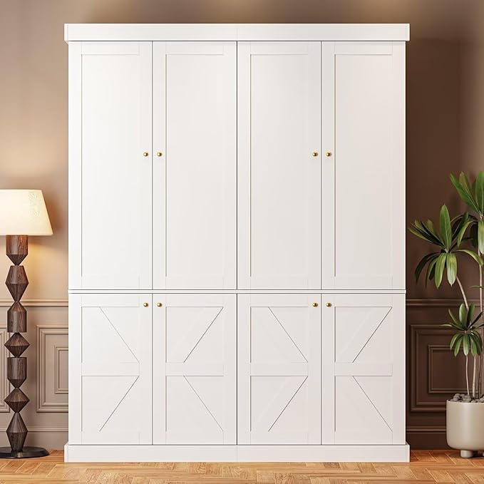 70.8" Tall Farmhouse Kitchen Pantry Cabinet with Doors, Modular Storage Cabinet with 4-Tier Adjustable Shelves, White, Wooden Hutch for Kitchen, Living Room, Set of 4