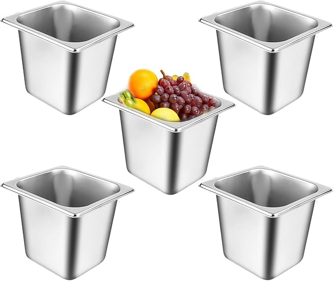 5 Pack Stainless Steel Hotel Pans，1/6 Size，6"" Deep Steam Table Pan，Commercial Food Storage Containers Stackable Metal Steamer Pan for Hotel Restaurant Buffet Party (1/6 Size x 6" Deep)