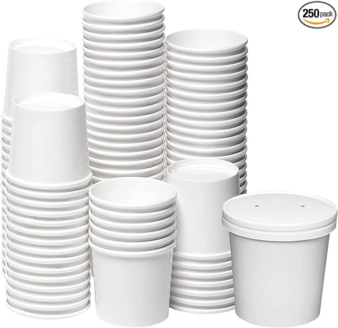 [250 Sets White Paper Food Containers With Vented Lids, To Go Hot Soup Bowls, Disposable Ice Cream Cups (16oz)