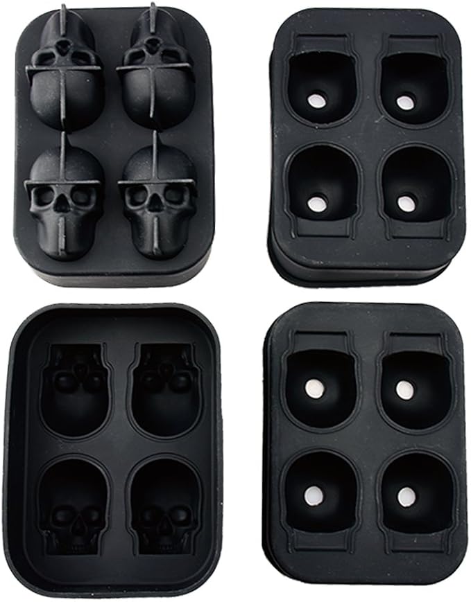 3D Skull Ice Mold (Pack of 2) Easy Release Silicone Mold,8 Cute and Funny Ice Skull for Whiskey,Cocktails and Juice Beverages,Black