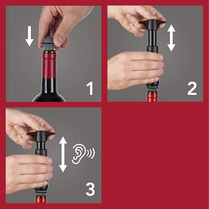 Vacu Vin Wine Saver Pump Red with Vacuum Wine Stopper - Keep Your Wine Fresh for up to 10 Days - 1 Pump 8 Stoppers - Reusable - Made in the Netherlands