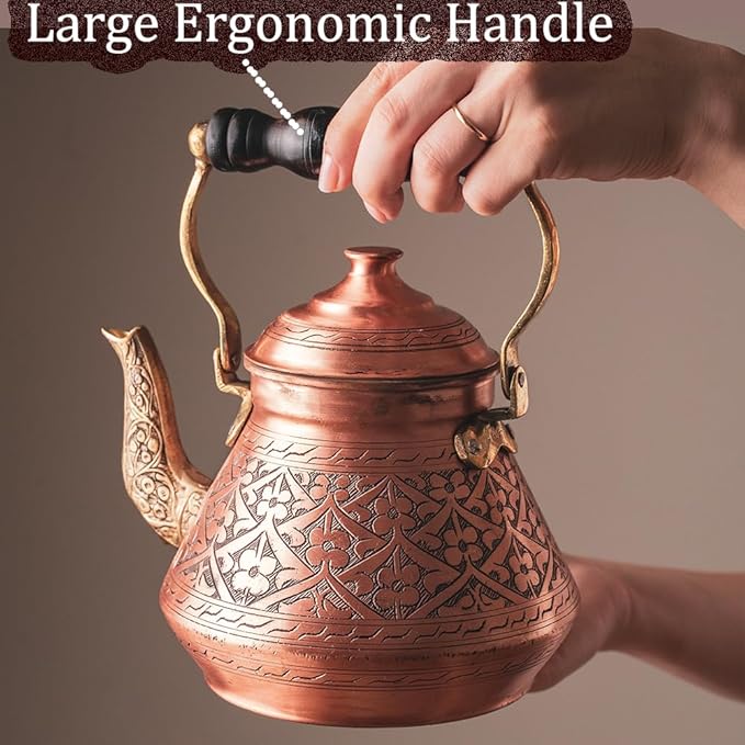 Vintage 100% Solid Pure Copper Turkish TeaPot Tea Kettle Pot for Stovetop Stove Top Traditional Decorative Fancy Arabic Moroccan Party Serving Kitchen Antique Handmade Unique Style Gooseneck Gift