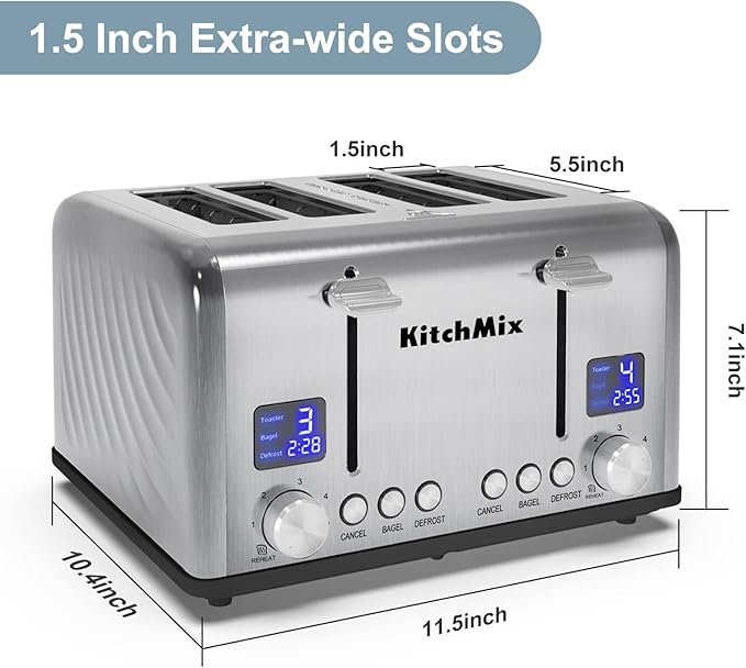 Toaster 4 Slice, KitchMix Bagel Stainless Toaster with LCD Timer, Extra Wide Slots, Dual Screen, Removal Crumb Tray (Stinless steel)