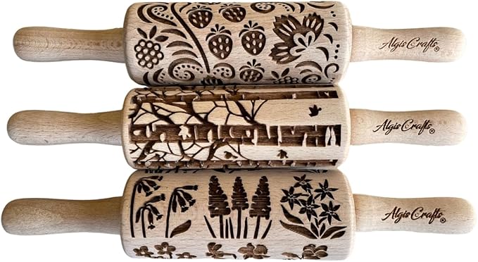 SEASONS 3 Mini Embossed Rolling Pin Set. Wooden Laser Cut Mini Rolling Pins for cookies or clay with spring flowers, tulips, daffodils, strawberries, raspberries, birch, trees by Algis Crafts