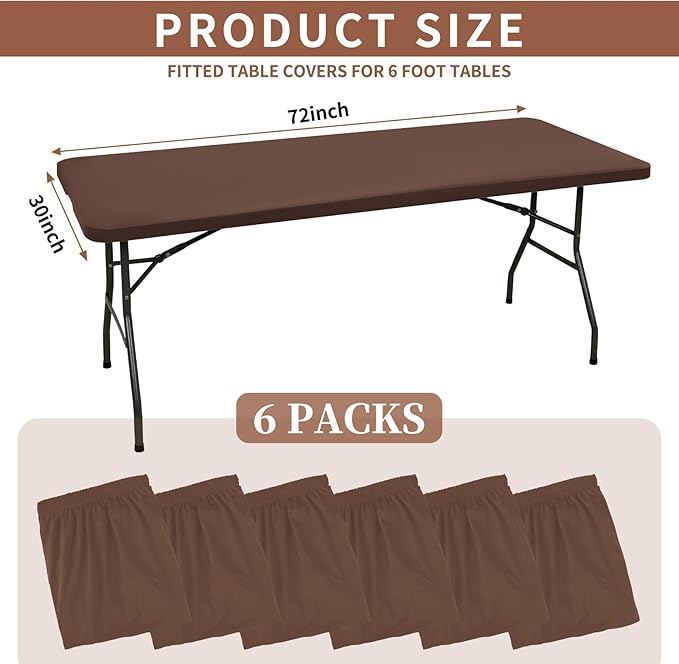 6 Pack Stretch Fabric Table Top Cap Cover, fits 6' Tables, Spandex Table Covers Washable Elastic Rectangle Tablecloth Protector for Indoor Outdoor Party Picnic Wedding, Coffee, 30" W x 72" L