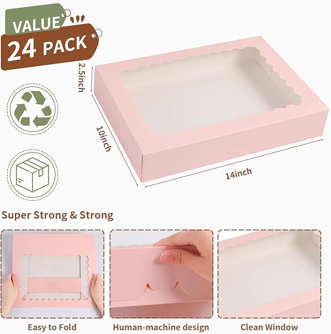 Cookie Boxes,14x10x2.5 Inch Large Bakery Boxes with Window for Pies Chocolate Strawberries Muffins Donuts Pastry Dessert Christmas(Pink, 14 * 10 * 2.5inch/24pcs)