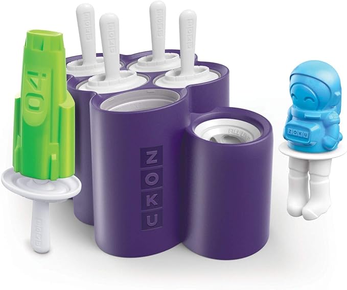 ZOKU Space Ice Pop Molds, 6 Rocket and Astronaut-shaped Popsicles Molds in One Tray with Reusable Popsicle Sticks, BPA-free