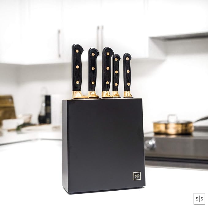 Black and Gold Knife Set with Block - 6-Piece Luxe Kitchen Knives with Block and Sharpener - Modern Black and Gold Kitchen Accessories for Stylish Cooking
