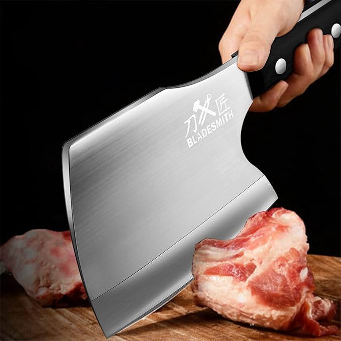 BLADESMITH Bone Cleaver Knife, Full Tang, Heavy Duty use, for Big Bones and frozen meat, Axe Blade Shape, 2lbs -7mm Thickness high Carbon Steel, Black wood Handle,2025 Gifts