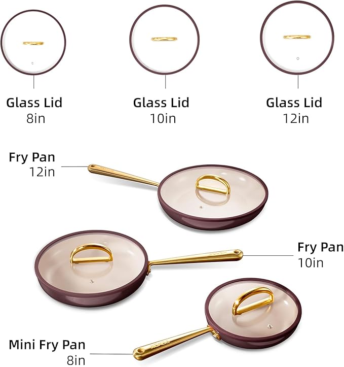 ROYDX Titanium Ceramic Nonstick Fry Pan Set 8", 10" and 12" Frying Pan Skillet Set with Glass Lids-Non Toxic, PTFE & PFOA Free - Oven Dishwasher Safe & Compatible with All Stovetops-Walnut Brown
