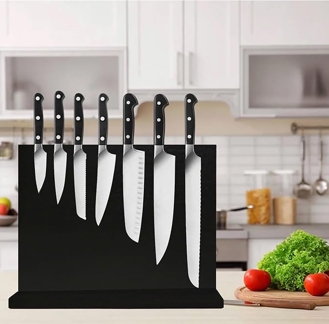 Resafy Magnetic Knife Holder-16X12 Inches Double Side Acacia Black Wooden Knife Block Rack Universal Stands with Strong Enhanced Magnets Strip for Kitchen Counter,Large Organizer Without Knives