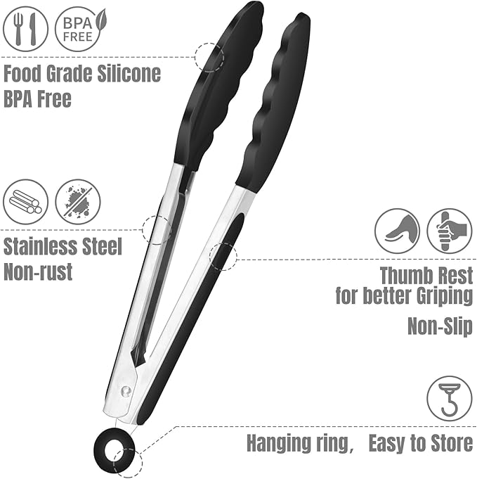 Hotec Mini Silicone Kitchen Tongs for Cooking - 7-Inch Small Serving Tongs with Silicone Tips, Set of 3 (Black,Grey,Light Blue)