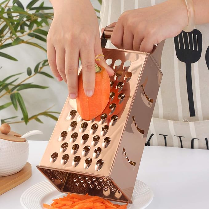 4 Sides Box Grater For Kitchen,Stainless Steel Cheese Grater With Handle,Multi-Function Vegetable Slicer Food Shredder For Chees,Ginger,Vegetables,Rose Gold