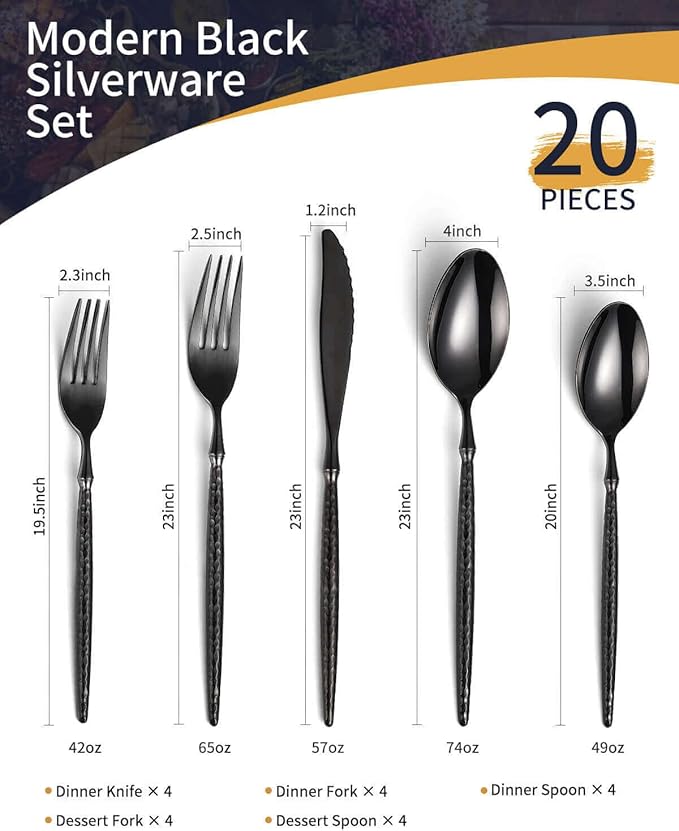 Lemeya 20-Piece Hammered Black Silverware Set,18/10 Stainless Steel Forging Heavy Duty Cutlery Set for 4, Luxury Unique Flatware Set,Spoons and Forks Set,Mirror Polished,Dishwasher Safe