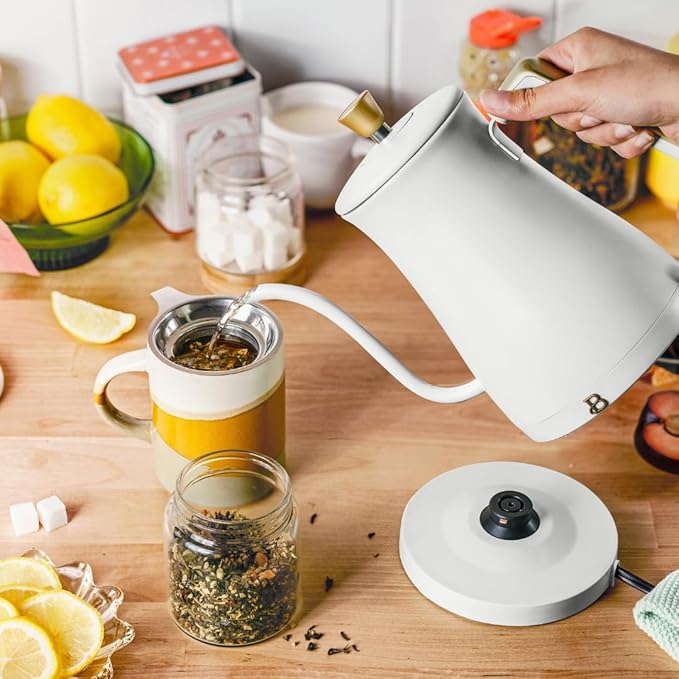 Beautiful 1L Electric Gooseneck Kettle, Precision Pour Spout, 1200W Fast Boil, Auto Shut-Off, Cordless, Stainless Steel, Tea & Coffee Maker with Ergonomic Handle, Matte Finish, White Icing