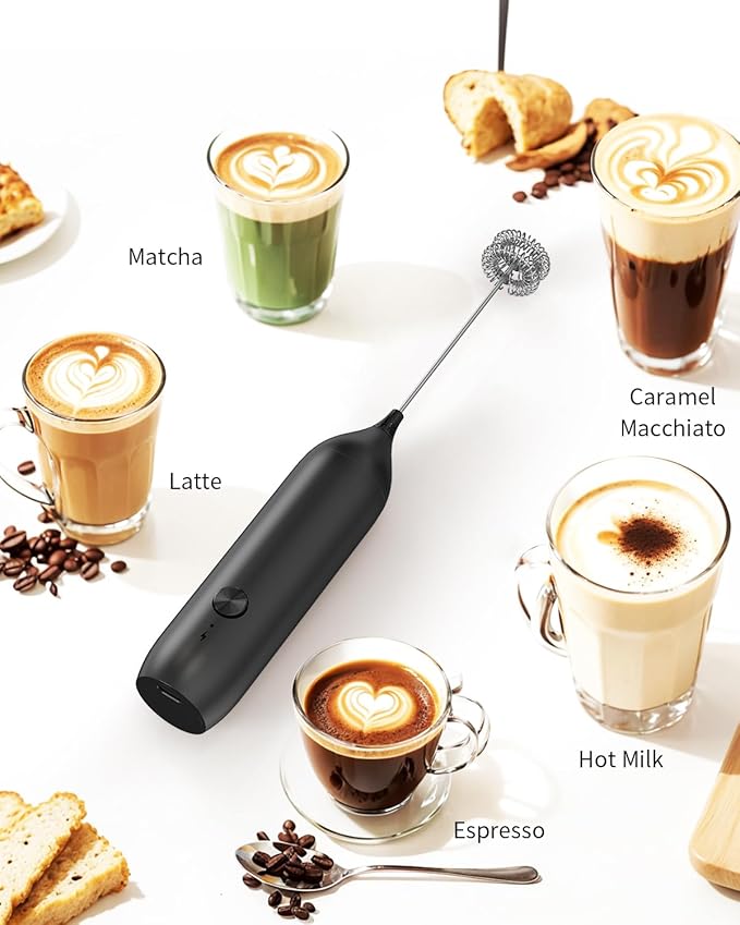 CIRCLE JOY Rechargeable Milk Frother Handheld with Stand, Coffee Frother Wand Drink Mixer with Dual Spring Whisk for Coffee, Cappuccino, Lattes, Frappe, Matcha and Hot Chocolate, Black