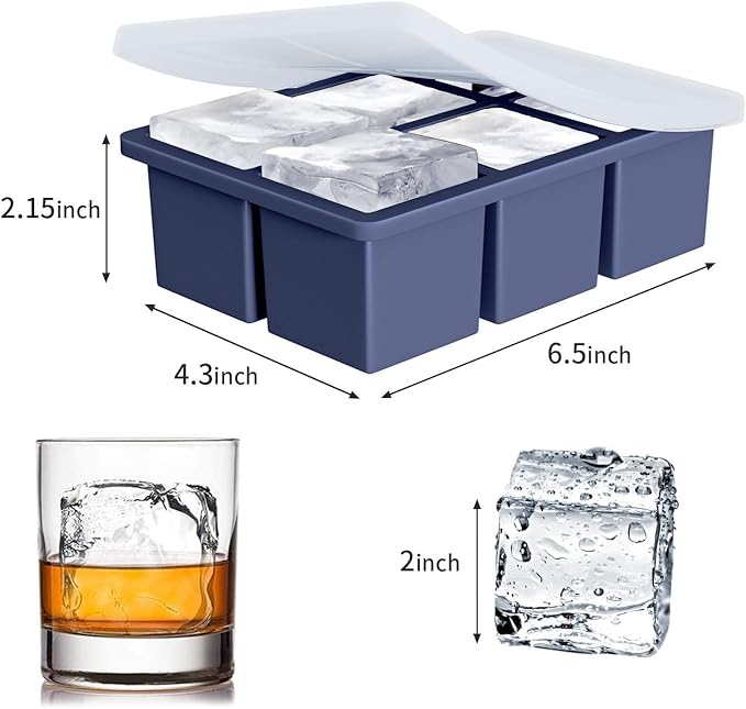 Large Ice Cube Tray for Whiskey: FDDBI Big Square Ice Cube Maker for Cocktail - 3Pack Silicone Old Fashioned Ice Cube Trays - 2inch Huge Cubed Ice Trays for Whisky
