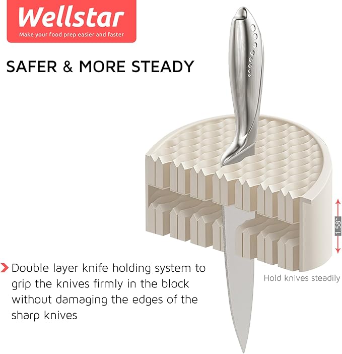 Universal Knife Block Holder for Kitchen, WELLSTAR Knife Stand without Knives, Safe Space Saver Large Volume Stable Knife Storage with Scissors Slot, Detachable for Easy Cleaning – Off-White