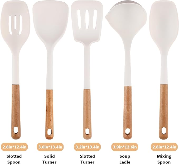 Silicone Cooking Utensils Set 5 Pcs Large Non-Stick Kitchen Utensils Set, Wooden Handle Heat Resistance Turner Soup Ladle Spoon Silicone Cooking Kitchen Gadgets BPA Free for Nonstick Cookware