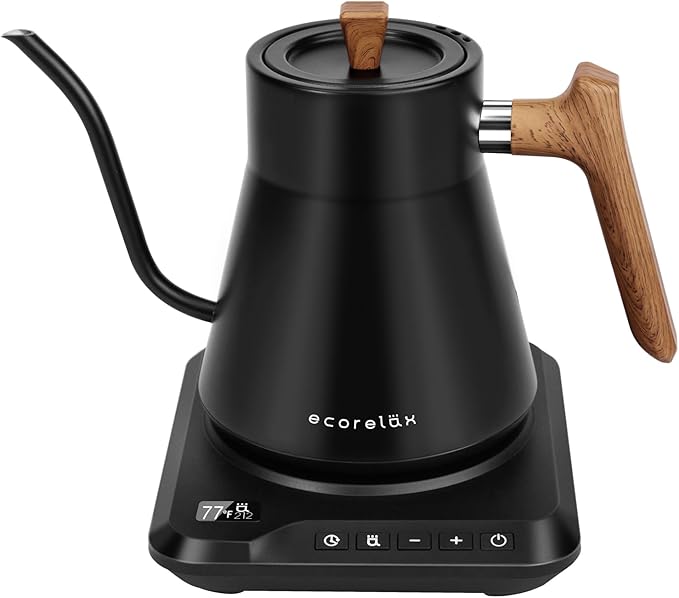 Ecorelax Gooseneck Electric Kettle Precise ±1℉ Temperature Control, 1200W Pour Over Electric Kettle for Coffee & Tea, 100% Stainless Steel Fast Boil & Keep Warm Kettle OLED Display, 1L Matt Black