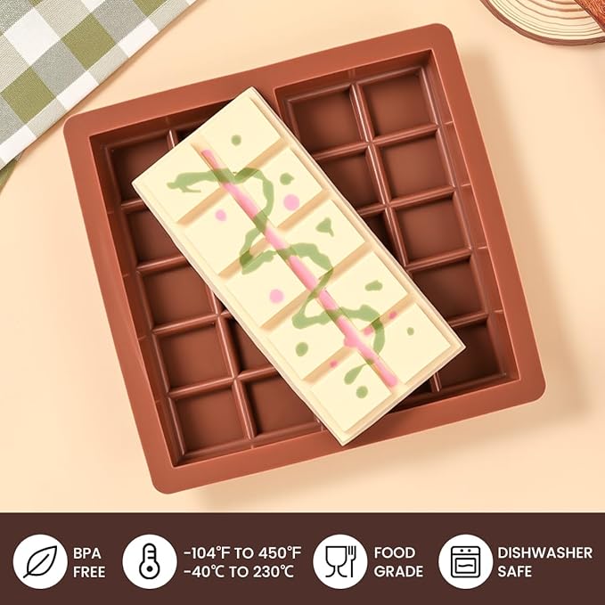 FUNBAKY Dubai Silicone Chocolate Bar Mold - 1-Inch Deep Cavities, Large Thick Candy Bar Mold, Ideal for Filling Pistachio Chocolate, Includes Scraper, 2 Pack