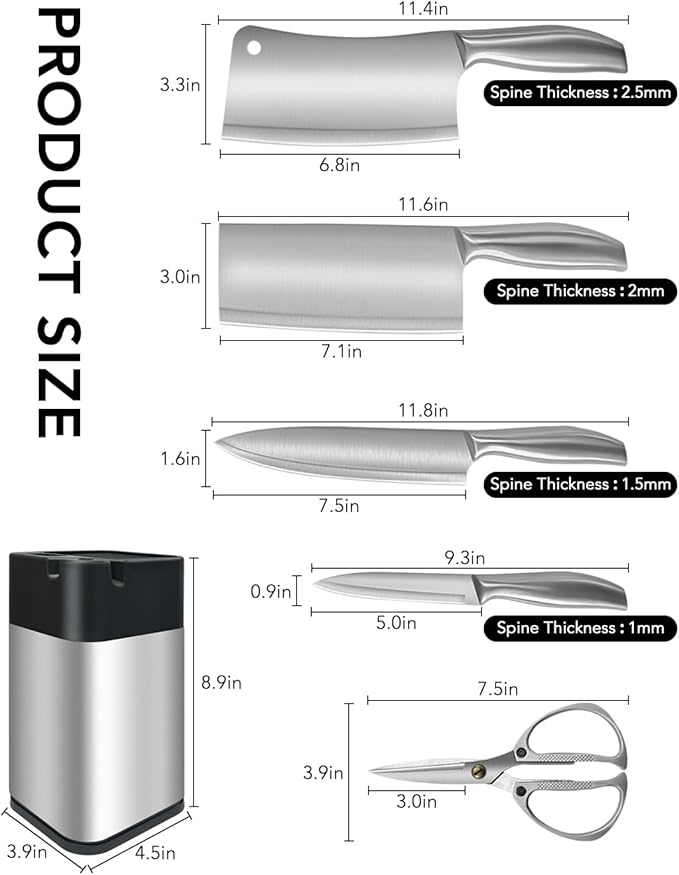 6Pcs Professional Chef Knife Block Set, Silver Stainless Steel Sharp Knives Set for kitchen with Built-in Sharpener Ergonomic Handle, Heavy Duty Cleaver &Butcher for Meat Bone Vegetables Fruit Cutting