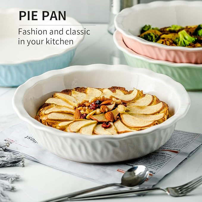 Ceramic Pie Pan, 10 Inches Pie Dish, Pie Plate for Dessert Kitchen, Round Baking Dish Pan for Dinner, Texture Series (White)