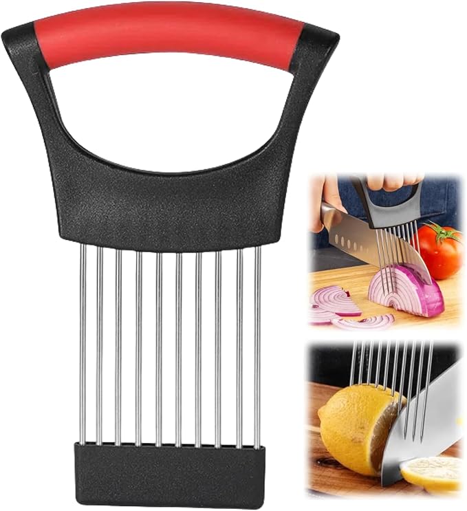 Onion Slice Holder, 2024 New Stainless Steel Holder for Slicing, Chopper Assistant Tool, Cutter for Meat, Onion, Potato, Tomato Kitchen Gadgets (Red, 1 Pack)