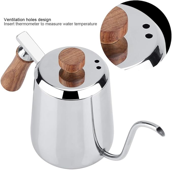 Joyzan Gooseneck Kettle, Stovetop Tea Maker Wood Anti Hot Handle Pour Over Stainless Steel Water Pot Coffee Teapot Drip Long Spout Home Kitchen Gas Stove Tops French Press Brewing Camping 350ml