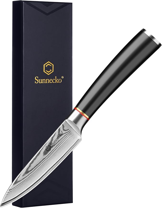 Sunnecko Damascus Paring Knife,Japanese VG10 Core Steel Damascus Fruit Knife,Professional Razor Sharp Small Kitchen Knives with Knives Sharpner