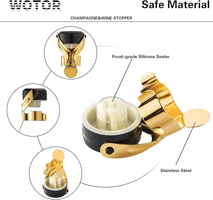 WOTOR Champagne&Wine Bottle Stoppers Stainless Steel with Food Grade Silicone, Leak Proof Keep Fresh Reusable Saver, Cork Suitable for Wine, Champagne, Cava, Prosecco and Sparkling (12 Pack Gold）