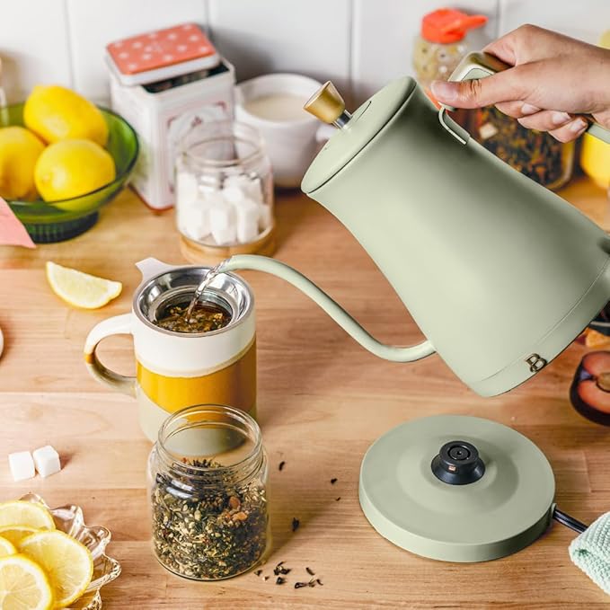 Beautiful 1L Electric Gooseneck Kettle, Precision Pour Spout, 1200W Fast Boil, Auto Shut-Off, Cordless, Stainless Steel, Tea & Coffee Maker with Ergonomic Handle, Matte Finish (Sage Green)