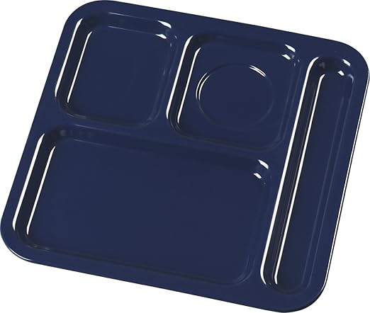 Carlisle FoodService Products Plastic Food Tray, Right-Hand 4-Compartment Tray for Schools, Dining Halls, and restaurants, Melamine, 10 x 9.75 Inches, Blue