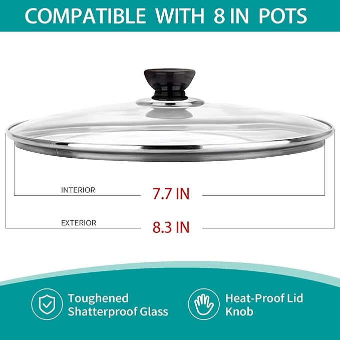 8 Inch Pan Lid, Universal Replacement Pot Lid for Frying Pans, Cast Iron Skillets, Tempered Glass Pan Cover with Steam Vent