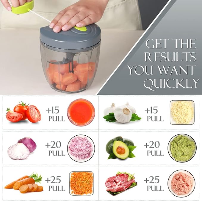 Ourokhome Manual Food Processor Vegetable Chopper, Portable Hand Pull String Garlic Mincer Onion Cutter for Veggies, Ginger, Fruits, Nuts, Herbs, etc., 900ml, Grey