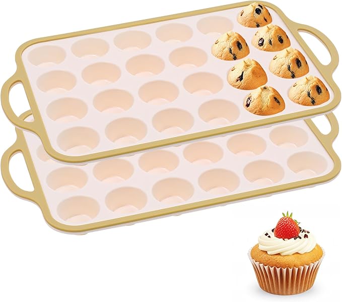 Silicone Mini Muffin Pan With Metal Reinforced Frame - 24 Cups Durable Silicone Cupcake Pan for Muffin, Cupcakes, BPA Free and Dishwasher Safe - 2 Piece Light Yellow