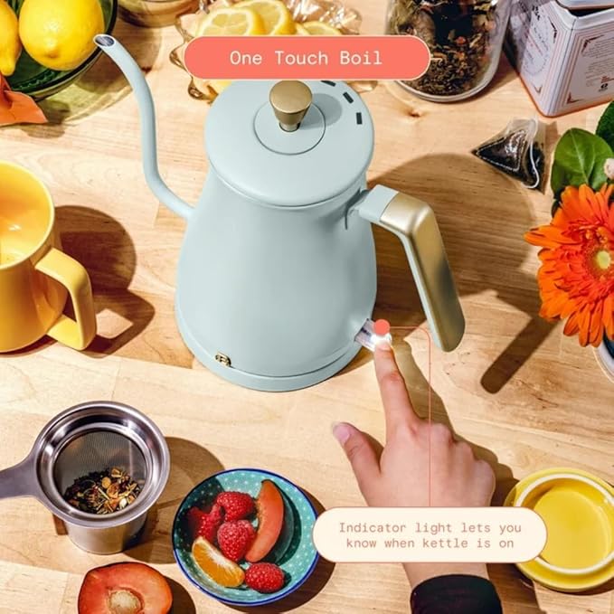 Beautiful 1L Electric Gooseneck Kettle, Precision Pour Spout, 1200W Fast Boil, Auto Shut-Off, Cordless, Stainless Steel, Tea & Coffee Maker with Ergonomic Handle, Matte Finish (Hydrangea)