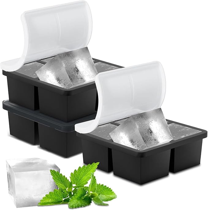 Samuelworld Large Ice Cube Tray: 2025 Upgraded 4 Grid Silicone Square Ice Cube Mold For Small Refrigerator, 2 Inch Large Cubed Ice Trays for Cocktail, Big Cube Ice Maker Mold (3 Pack, Black)